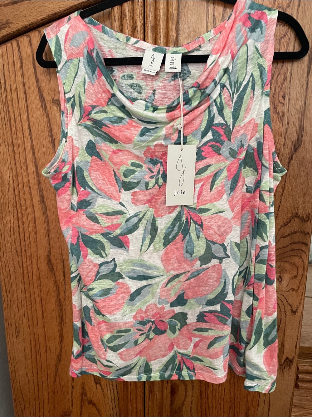 Joie Pink and Green Floral Sleeveless Draped Tank 100% linen
